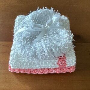 Set of Large White and Coral Hand Knit Dishcloths with Matching Scrubby